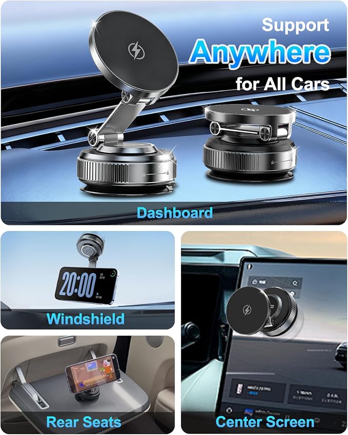 for MagSafe Car Mount Charger, 15W Fast Charging Magnetic Wireless Car Charger, Vacuum Magnetic Phone Holder [120LBS Ultra Suction Cup & 3000gf Magnet ] 780° Dashboard Car Bracket for iPhone & Android - Image 5