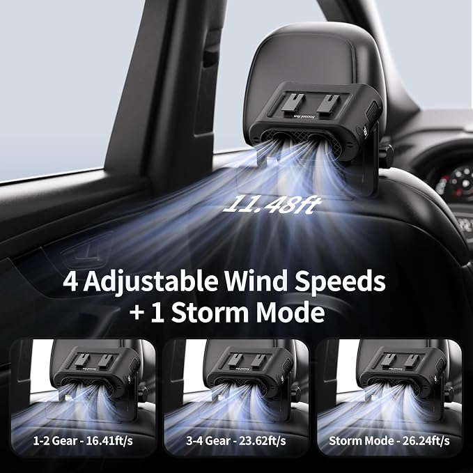 Socool Portable Car Fan Rechargeable Battery Opearated, Clip on Car Seat Headrest 360 Rotatable, 5-Speed Backseat Fans for Baby Rear Facing Cooling with Dual Air Outlets for SUV RV Truck - Image 3