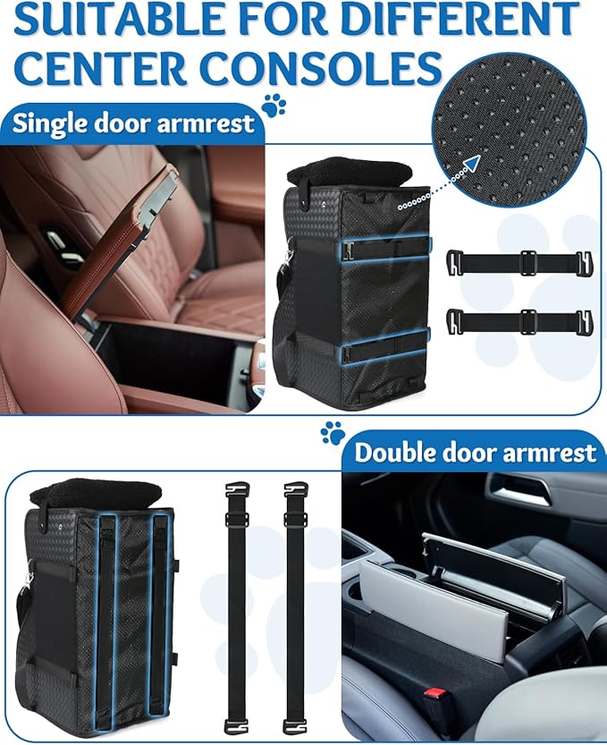 Center Console Dog Car Seat, Pet Car Seat, Armrest Middle Console Booster Travel Carrier for Small Dogs and Cats(Black Leather) - Image 5