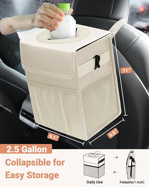 Capolo Car Trash Can with Lid, Leakproof Car Garbage Can Car Trash Bag | Waterproof, Trash Can for Car, 3 Mesh Pockets, Mini Hanging Vehicle Car Trash Bin, for Back/Front Seat (Beige,2.5 Gal) - Image 2