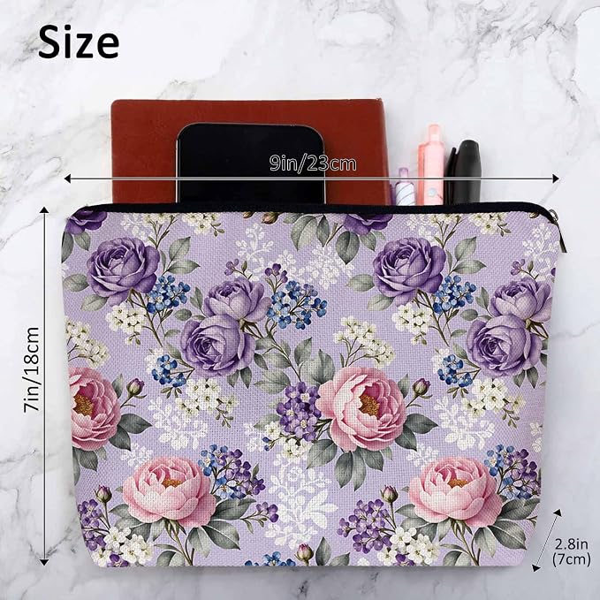 Rose Purple Makeup Bags Makeup Organizer, Vintage Blossom Flowers Rose Flax Toiletry Bags Travel Cosmetic Bag Makeup Purse Pouch Skincare Bag Wallet Bags For Women Female Mom Daughter - Image 4