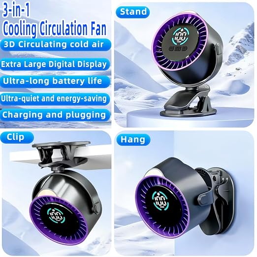 2026 Upgrade Portable Car Fan,Clip‑on/Hang/Stand 3D Circulating Air Car Cooler with LED Display,USB Rechargeable Quiet Vehicle Fan for SUV Truck RV,Ideal Summer Gift for Drivers - Image 5