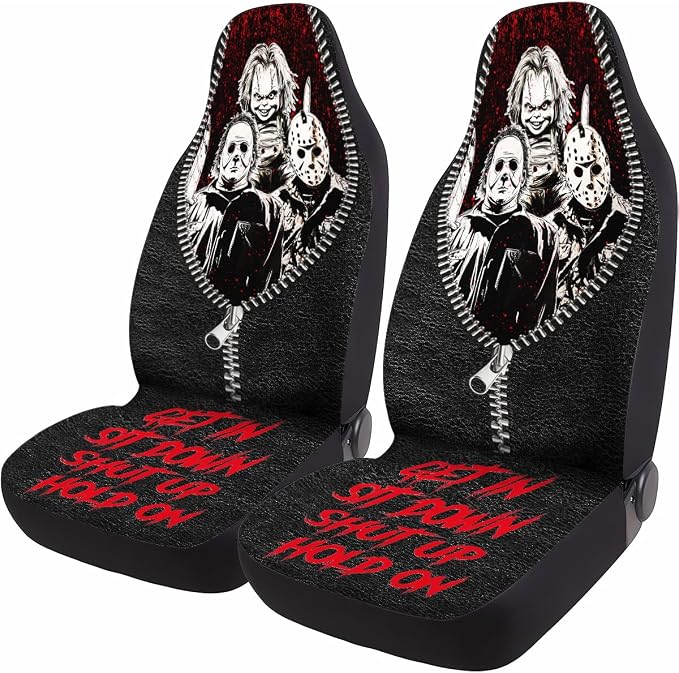 GENANY Masked Horror Group Car Seat Covers, 2-Piece Front Seat Set | 2-piece polyester front seat cover set, each 35 x 21 x 21 inches, with adjustable straps and hooks - Image 2