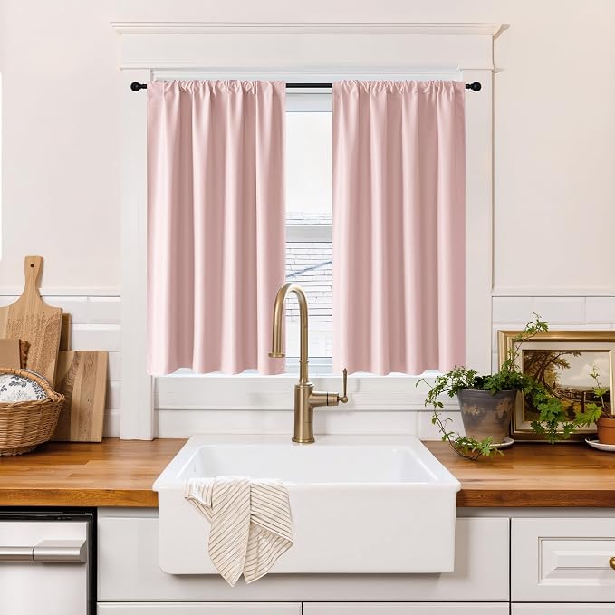 RYB HOME 100% Blackout Short Curtains for Small Window, Thermal Insulated | Total Room Darkening, Noise Reducing, Curtains for Kitchen Bathroom Basement, W42 x L48, Baby Pink, 2 Panels by RYBHOME