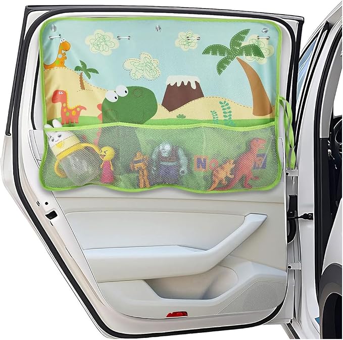 GLSOWEE Car Window Shade for Baby, Blackout Car Window Curtain, Dinosaurs | Storage Pockets & 7 Suction Cups, Cartoon Pattern Car Side Window Sun Shade Cover for Sun/Heat/UV Rays Protection, Green by GLSOWEE