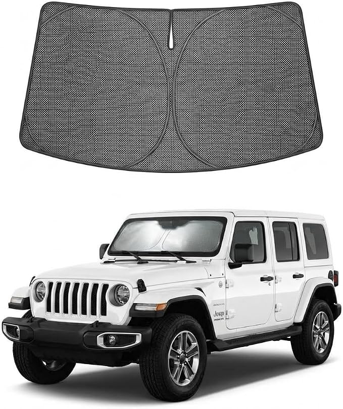 Proadsy Custom Fit Car Windshield Sun Shade for 2018-2026 Jeep Wrangler | Ice Crystal Micro-Refraction Blocks 99% UV, Drops Cabin Temp 54°F. Foldable Full Coverage for Summer Parking/Camping Privacy by Proadsy