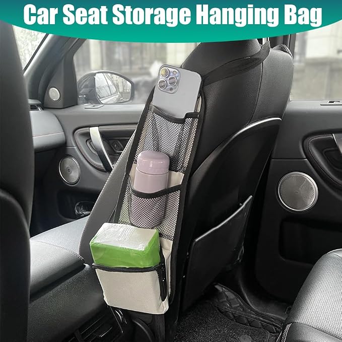 2PCS Car Seat Storage Hanging Bag, Car Seat Side Organizer, Multifunctional Cars Mesh Net Pocket, Multi-Pocket Seats Side Storage Interior Accessories Universal for Car SUV (Ivory White, 2PCS) - Image 6