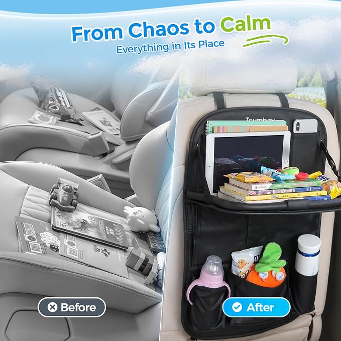Tsumbay Car Backseat Organizer with Tablet Holder,9 Storage Pockets Foldable Table Tray Seat Back Protectors Kick Mats -PU Leather 1Pck - Image 2