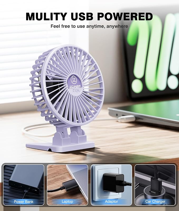 JZCreater USB Desk Fan, Mini Fan Portable, 3 Speeds Desktop Table Cooling Fan, Plug in Power Fan, Rotation Strong Wind, Quiet Personal Small Fan for Home Desktop Office Travel Bedroom, Purple - Image 5