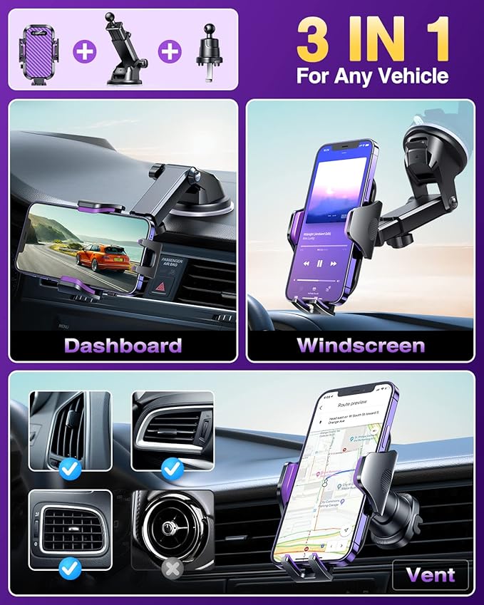 VANMASS Phone Holders for Your Car 2026 Ultimate Phone Mount Military-Grade Windshield Dashboard Vent【Newest Best Strongest】 Cell Phone Car Mount for iPhone 16 Pro Max 15 Samsung Android,Purple - Image 4
