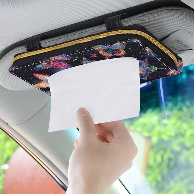 Biyejit 2 Pack Car Tissue Holder, Colorful Butterfly PU Leather Sun Visor Napkin Box Holder, Hanging Tissue Mask Holder with Glasses Clip for Car Visor, Auto, Vehicle Accessories - Image 3