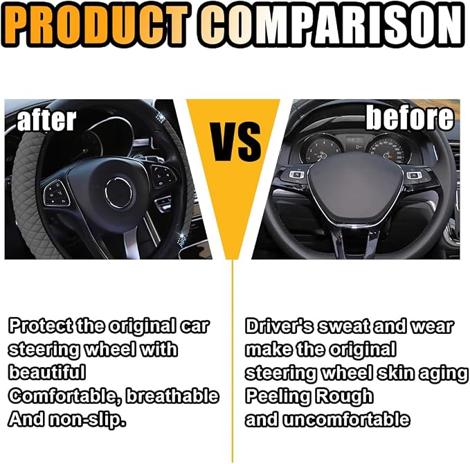 JOYCOURT 15 Inch Bling Soft Leather Car Steering Wheel Cover, Grey | Colorful Rhinestones Design, Auto Elastic Protector for Women Girls, Crystal Diamond Car Accessories for Most Cars, SUVs - Image 3