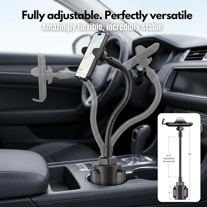 Cup Holder Phone Mount 15 Inch Adjustable Gooseneck Arm for Car | Adjustable long arm and stable cup holder base keep your phone secure, easy to reach, and clear to view while driving - Image 2