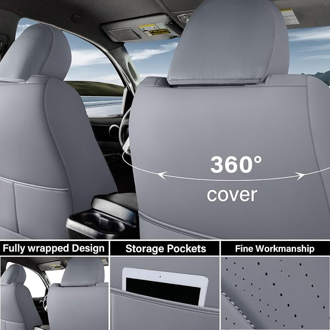 Coverado Tacoma Seat Covers Full Set, Faux Leather Seat Covers Custom Fit for 2005-2023 Toyota Tacoma Double/Crew Cab Base Prerunner SR5 Limited TRD Sport Interior Covers (Gray) - Image 2