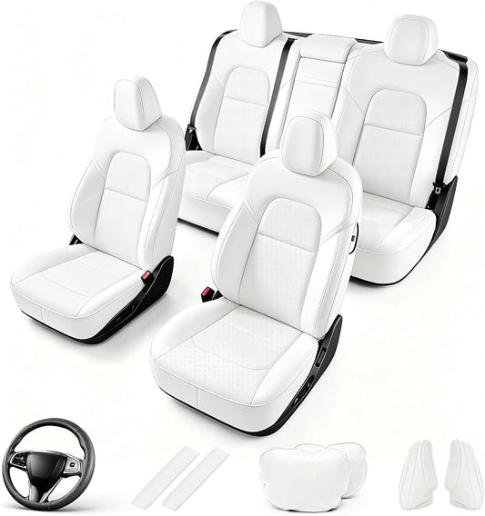 AOMSAZTO Custom Fit Seat Cover for Tesla Model 3 2017-2023(Not Performance) | Faux Leather,Waterproof,Airbag Compatible,5-Pieces Set with Seatbelt,Steering Wheel Covers,Side Bolster Cover&Headrests-Black by AOMSAZTO