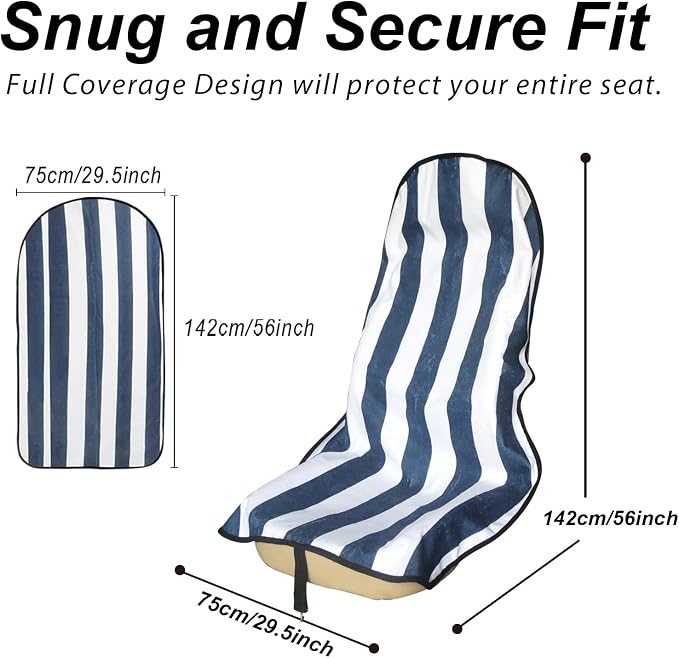 Sweat Towel Car Seat Cover Protector Front Seats for Gym Workout, Running, Swimming, Beach and Hiking, Waterproof Universal Seat Cover for Car, Trucks, Van & SUV (1, White/Blue Stripe, Front) - Image 3