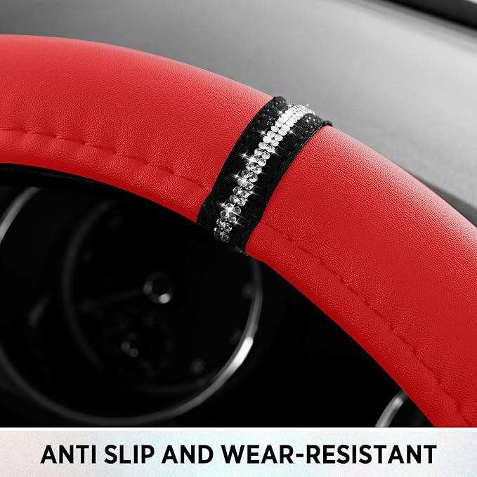 Road Comforts Leopard Steering Wheel Cover for Women, Cute Anti-Slip Microfiber Leather, Fits D Shape Flat Bottom Steering Wheel 14.5-15 Inch - Red - Image 7