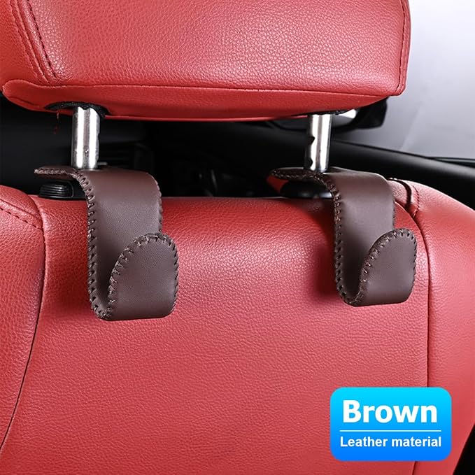 Zpana 2PCS Car Headrest Hooks Genuine U-Shaped Hanging Holder Brown | Genuine leather surface, suspended structure, rotates for front or back seat use, universal fit, automotive accessories - Image 6