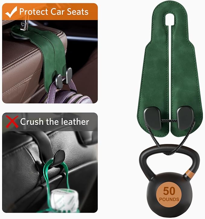 CoBak Purse Hook for Car - Universal Premium Stitched Leather and Aluminum-Magnesium Alloy Double Car Seat Back Storage Hook for Purses, Handbags, Bags (2 Pack),Emerald - Image 4