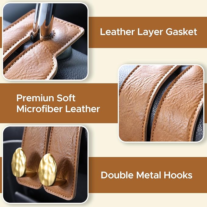 2PCS Leather Car Seat Hooks for Headrest, Vehicle Hanger Storage Organizer Universal for Handbag Purse, Car Accessories Gift (Brown-Gold) - Image 6