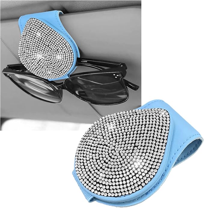 KVAEY Bling Sunglass Holder for Car Visor, Magnetic Leather Visor Clip Glasses Holder with Sparkling Rhinestones, Crystal Visor Ticket Card Clip for Women Girls, Car Accessories (Blue & White) by KVAEY