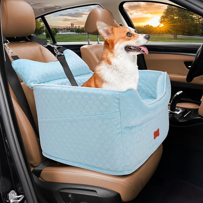 Dog Car Seat for Small Dogs Up to 25 lbs with 6-Inch Memory Foam Cushion | Elevated Booster Seat with Safety Belts, Storage Pockets and Removable Washable Cover for Front or Back Seats, Blue by EUHAMS