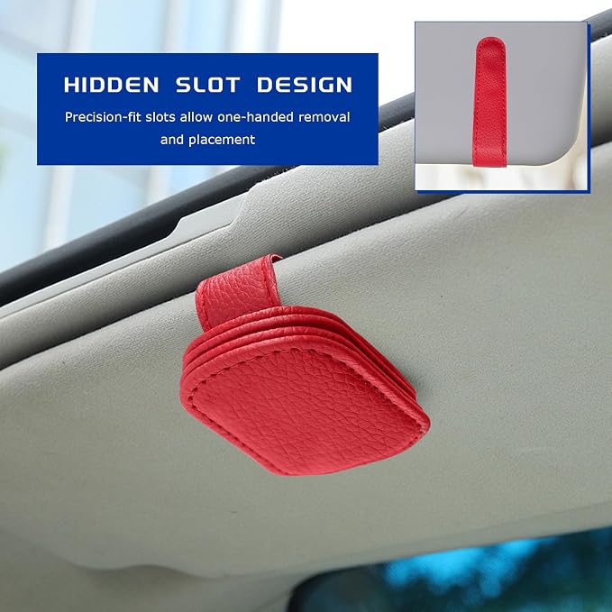 Sunglass Holder for Car, Magnetic Leather Glasses Holder Auto Ticket Card Clip, Sun Visor Eyeglass Hanger Interior Accessories for Sedan Truck SUV, Car Accessories (Red) - Image 6