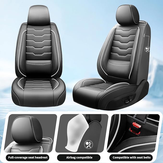 Fit Kicks Car Seat Covers，Compatible with Nissan Kicks 2018-2026 -Premium Leather,Waterproof Breathable All-Weather Seat Cushion Protector Airbag Compatible（2 Seats Front Pair，White Line Black - Image 2