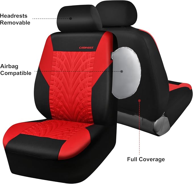 CAR PASS Car Seat Covers Two Front Only for Car, 3D Tyre Print Automotive Interior Covers, Airbag Compatible, Quick Setup Universal Fit Seat Covers for Car, Truck, SUV(Black Red) - Image 5