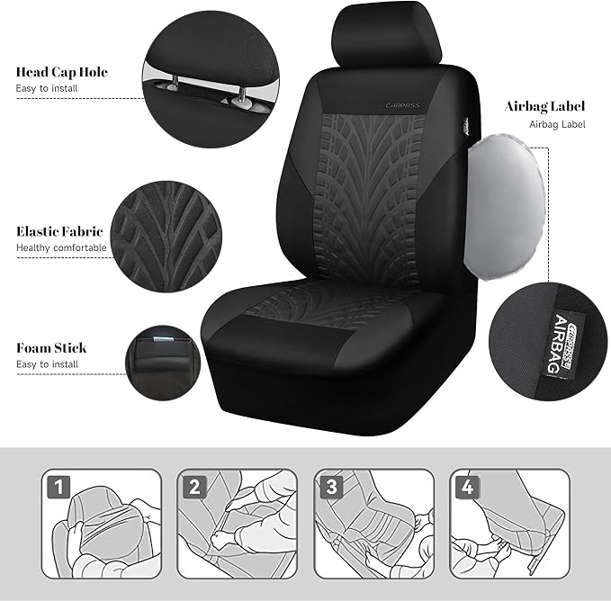 CAR PASS Car Seat Covers Full Sets, Front & Split Rear Bench for Car, 3D Tyre Embossed Automotive Interior Covers, Airbag Compatible, Quick Setup Universal Fit Seat Covers for Car, SUV(Charcoal) - Image 2