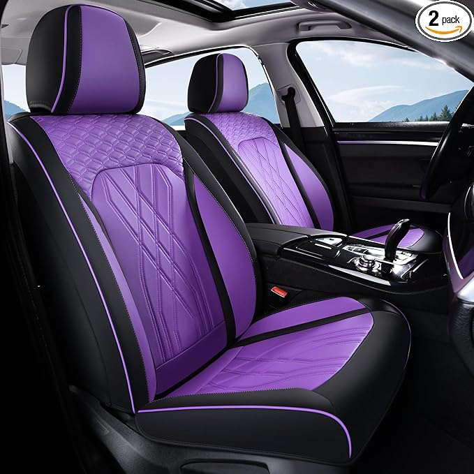 FLORICH Seat Covers for Cars Purple Leather Car Seat Covers Front Pair Breathable Automotive Car Seat Cover Non-Slip Easy Installation Comfortable Universal Fit for Most Car Truck SUV, Black&Purple by FLORICH