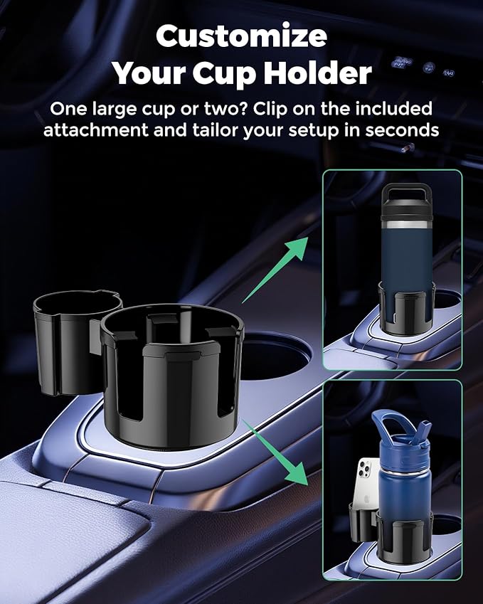 Basix by iOttie Adjustable Dual Cup Holder for Car with Expandable Base, Oversized Main Compartment, Removable Second Cup or Phone Holder Attachment, Fits Most Vehicles - Image 4