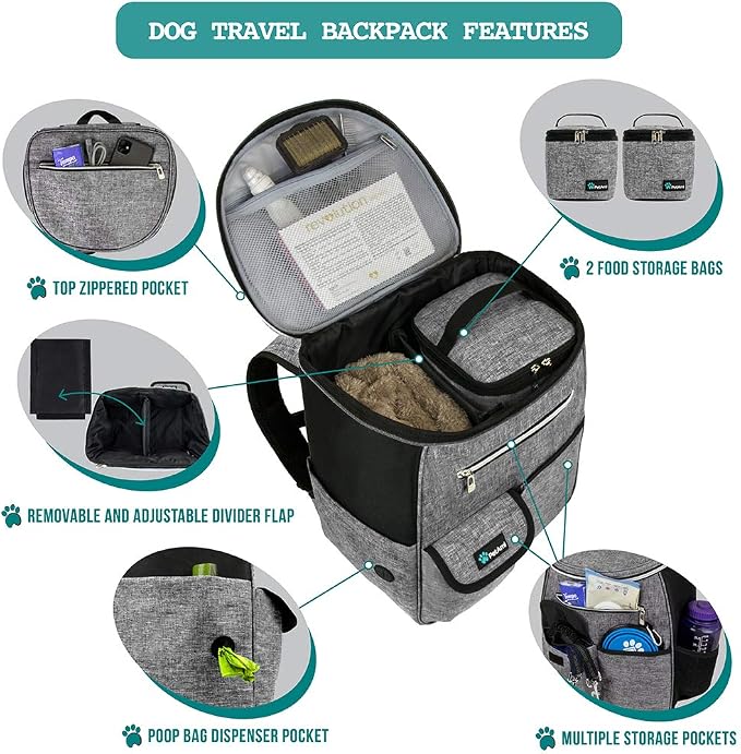 PetAmi Dog Travel Backpack 27L Airline Approved Pet Supplies Bag, Gray | Cat Traveling Suitcase Organizer for Weekend Road Trip Camping; 2 Food Containers, 2 Collapsible Bowls & Poop Bag Dispenser - Image 3