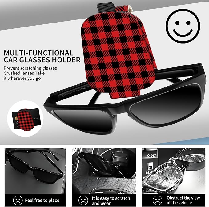 Leather Magnetic Sunglass Holder for Car Sun Visor, Cute Eyeglass Ticket Card Hanger Clip, Universal Auto Interior Accessories for SUV Pickup Truck Red Plaid - Image 2