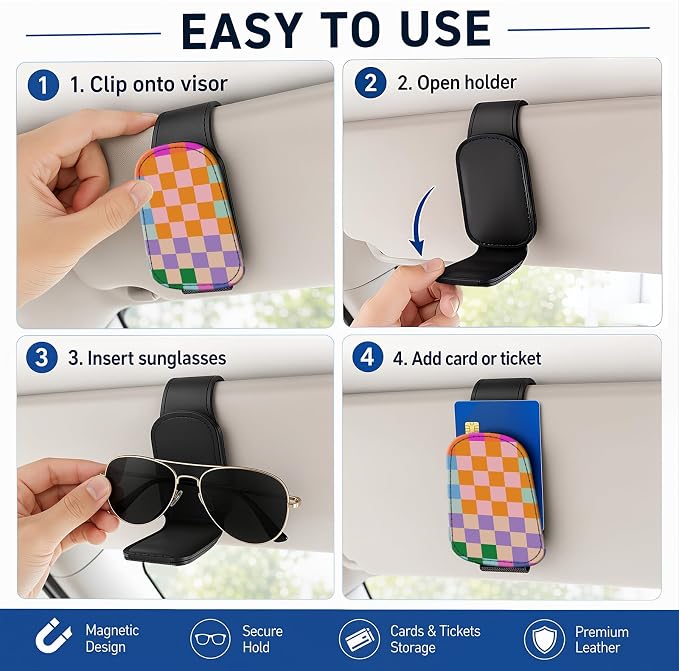 Leather Magnetic Sunglass Holder for Car Sun Visor, Cute Eyeglass Ticket Card Hanger Clip, Universal Auto Interior Accessories for SUV Pickup Truck, Color Checkered - Image 5