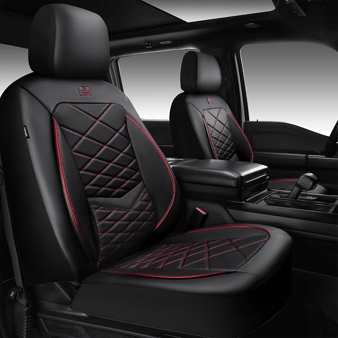 CAR PASS Luxury Nappa Leather Front Seat Covers, Water Resistant 3D Foam Seat Covers with Lumbar Support, Breathable Auto Seat Cover Airbag Compatible Universal Fit for Sedan SUV Van Truck, Black Red by CARPASS