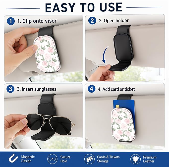 Leather Magnetic Sunglass Holder for Car Sun Visor, Cute Eyeglass Ticket Card Hanger Clip, Universal Auto Interior Accessories for SUV Pickup Truck, Soft Rose - Image 5