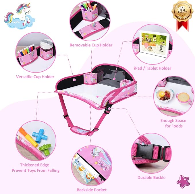 Toddler Car Seat Travel Tray FOR Road Trip Activities, Pink Unicorn | Kids Carseat Tray With 16.7" x 13.4" Smooth Dry Erase Board, Cup holders, Ddjustable Strap & Shoulder Carry Strap - Image 5