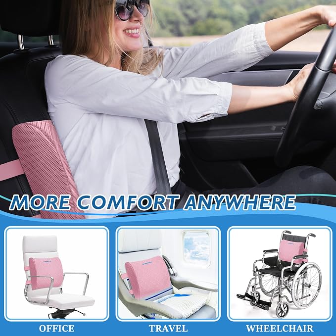 Lumbar Support Pillow for Office Chair, Back Support, Memory Foam, Pink | Improve Sitting Posture & Back Pain Relief. Lumbar Pillow Fits Office, Gaming & Car Chairs with Adjustable Dual Straps - Image 6