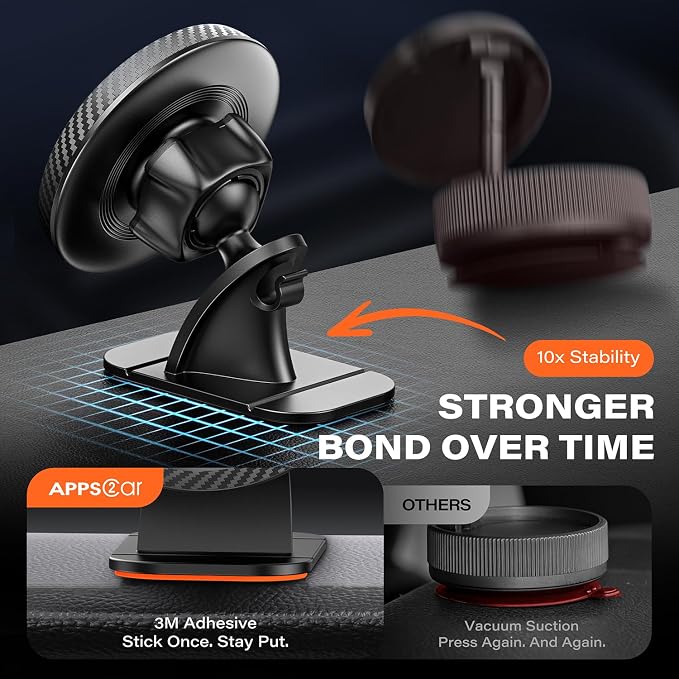 APPS2Car 2 Pack for Magsafe Car Mount, Dashboard Magnetic Car Phone Holder | Powerful Magnetic Hold, Includes metal rings for non-MagSafe phones, One-Hand Operation, 3M VHB Adhesive, 360° Rotation - Image 2