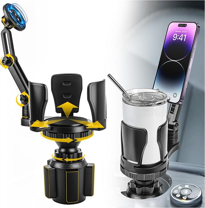 Frani Car Cup Holder Expander with Magnetic Phone Mount | Adjustable Insert Fits 2.68-4.33" Holders, 360° Adjustable Neck, Strong N52 Magnets, iPhone Samsung Compatible by Frani-US