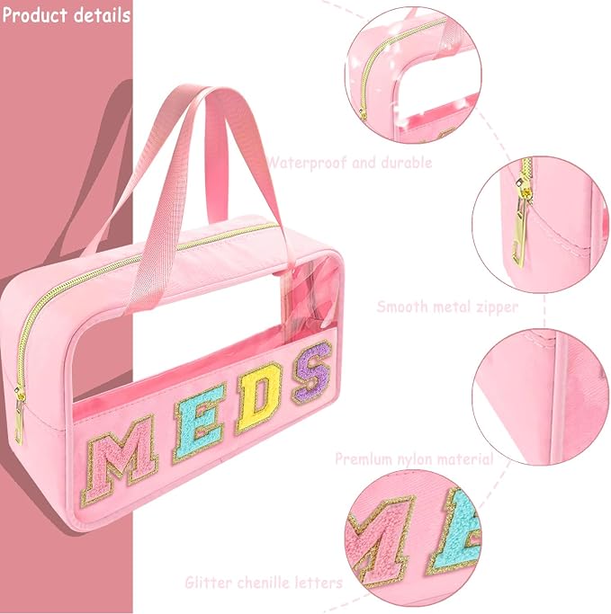 Bunliuys Chenille Letter Clear Makeup Bag Meds Patch, Travel Toiletry Makeup Bag with Handle, Nylon Waterproof Makeup Bags clear cosmetic bag, preppy patch makeup bag for Women (MEDS-Pink) - Image 3