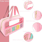 Bunliuys Chenille Letter Clear Makeup Bag Meds Patch, Travel Toiletry Makeup Bag with Handle, Nylon Waterproof Makeup Bags clear cosmetic bag, preppy patch makeup bag for Women (MEDS-Pink) - Image 3