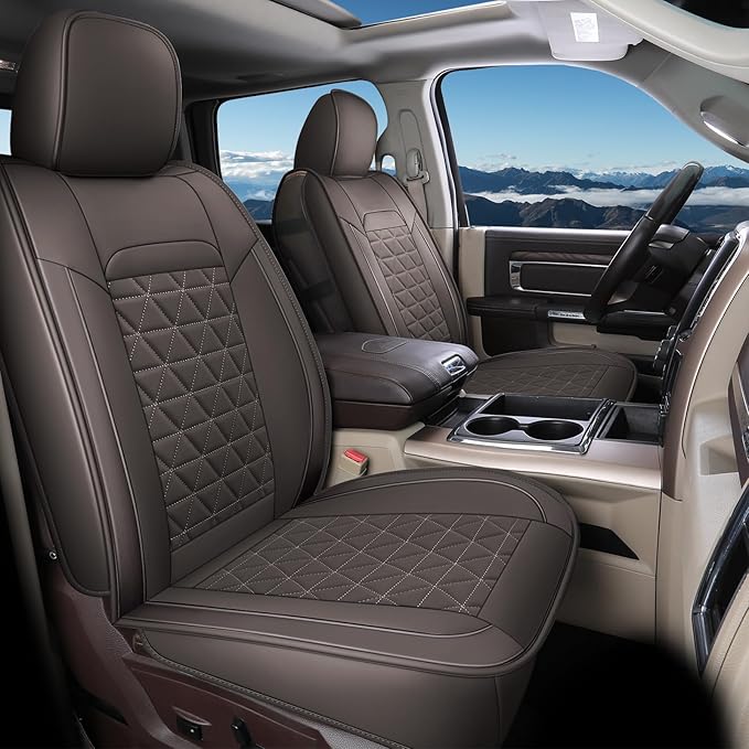 Coverado Leather Car Seat Covers, Waterproof Dooge Ram 1500 Seat Covers Compatible with 2002-2026 Dodge Ram 1500 2500 3500 with Flat Bench (Full Set, Coffee) by COVERADOAUTO