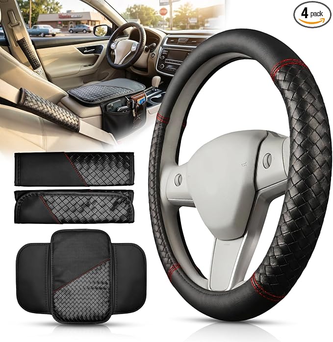 4 Pcs Black Leather Steering Wheel Cover Set - Center Console Armrest Pad, Seat Belt Shoulder Pads, Car Interior Accessories | Universal Fit 15 inch , Leather , Square Weave,with Side Storage Pockets by Bestmoy