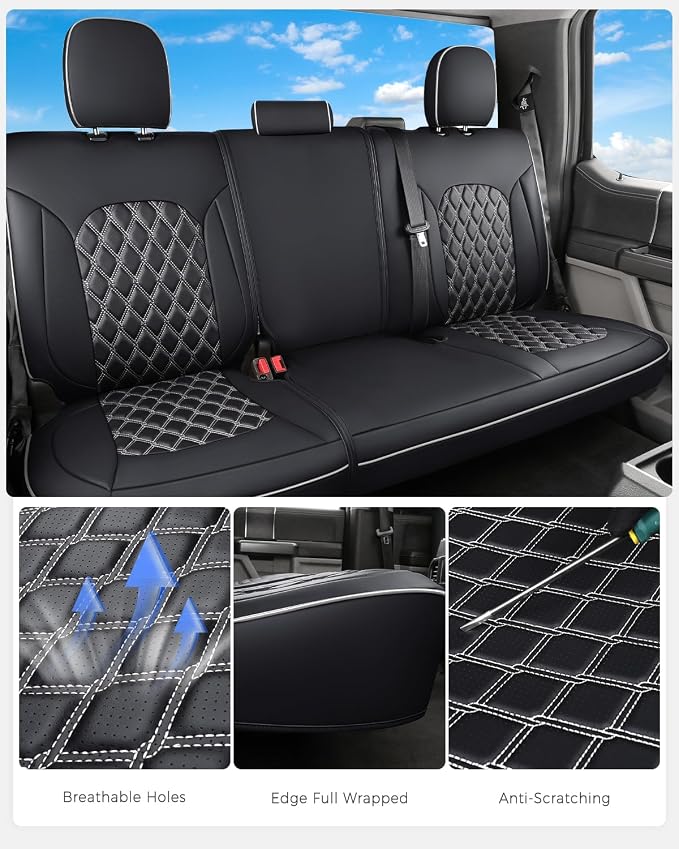 Huidasource Rear Car Seat Covers Fit for Toyota Tacoma 2016-2023 Double & Crew Cab SR SR5 Limited TRD Sport/Pro/Off Road, Split Rear Bench Back Row Leather Seat Cover (Back Row/Black&White) - Image 7