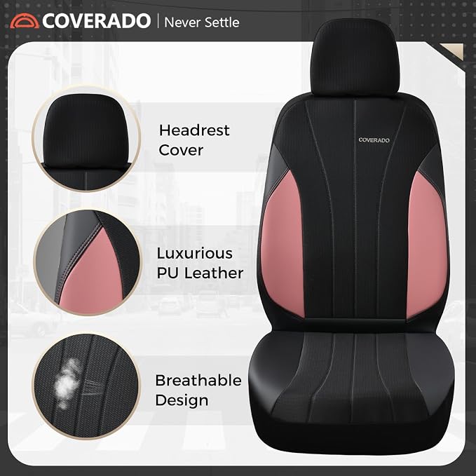 Coverado Automotive Seat Covers Front Seats, Luxury Car Seat Covers, Leather Seat Covers 2-Pack, Mesh Design, Pink Driver Seat Protectors, Universal Fit for SUVs, Trucks, Sedans - Image 5
