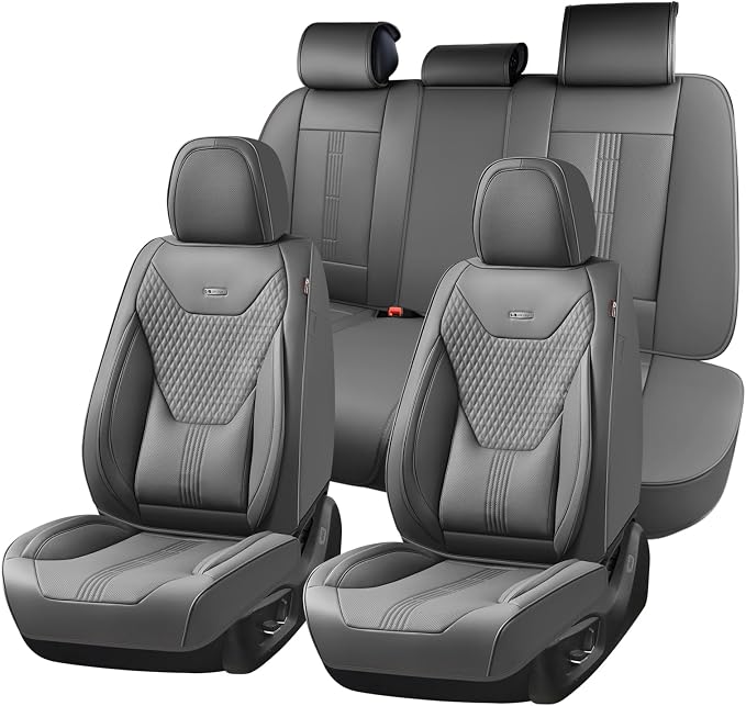 Coverado Car Seat Covers Full Set, Front Seat Covers with Lumbar Support and Back Seat Cover Waterproof Leather Automotive Seat Cover, Universal Car Interior Protectors Cushion for Most Cars by COVERADOAUTO