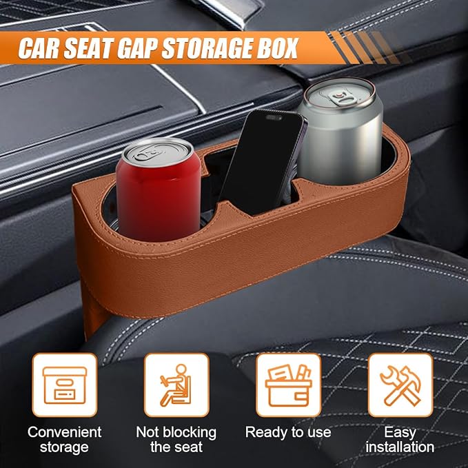 Car Cup Holder, PU Leather Auto Seat Gap Filler Organizer (Brown) | Multifunctional Vehicle Cup Drink Holder, Front Console Storage Box for Coin Cellphone Sunglasses, Universal Car Accessories - Image 3