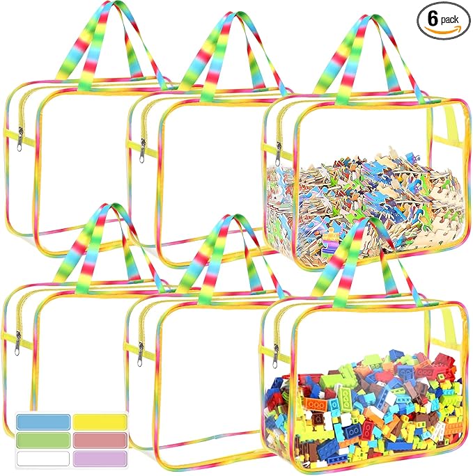 6 Packs Large Toy Storage Bags with Labels, Reusable Clear PVC Board Game Storage, Travel Waterproof Organizer Bags with Zipper Large Capacity (Gradient Color) by OPELETNNT